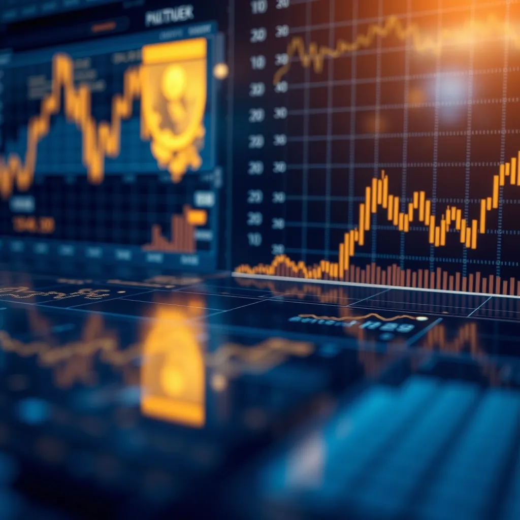A high-tech digital interface showing financial charts and d