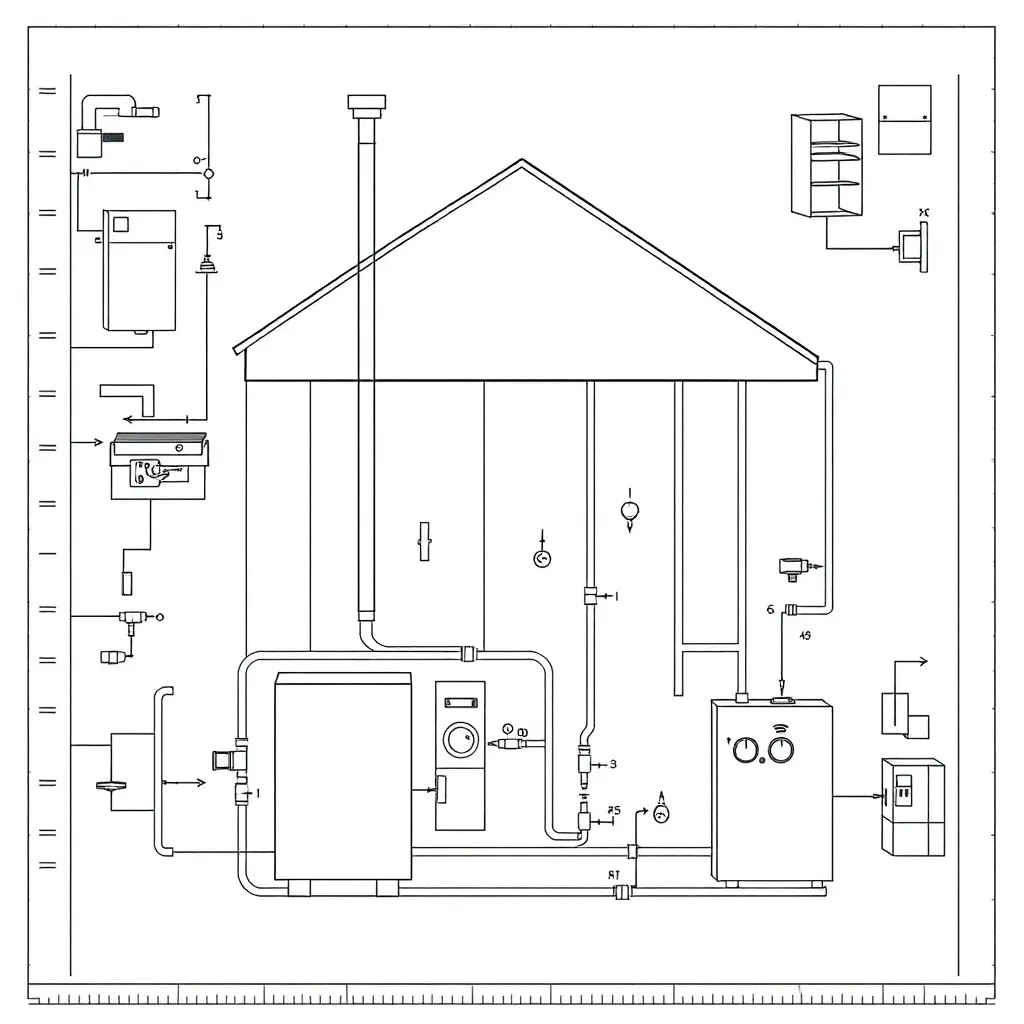 Technical blueprint of a house heating system with maintenan