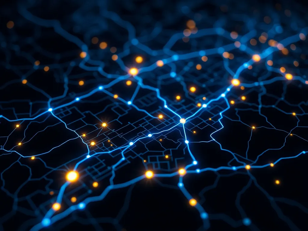 An abstract technical illustration of a city map with glowin