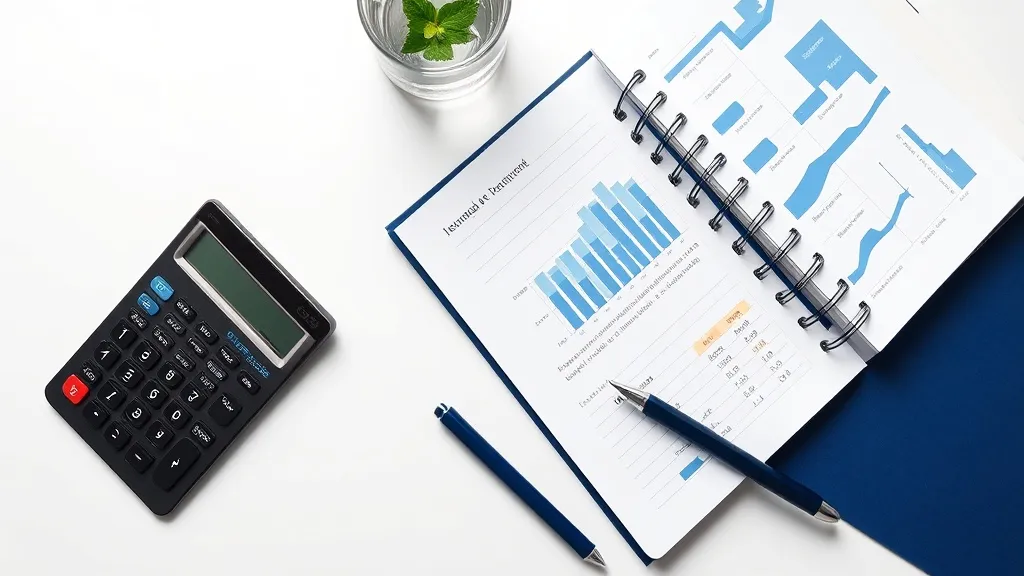 A professional photo of a calculator, a notebook with financ
